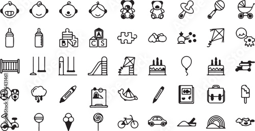 Adorably Cute Baby, Childhood, and Nursery Line Icon Set: Newborn, Toys, Feeding Bottle, Playground, Teddy Bear, and Birthday Celebration Vector Graphics. eps