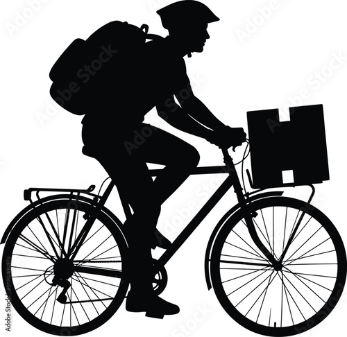 Silhouette of a delivery cyclist with a backpack and box cyclist, bicycle, bike, rider, mobile, messenger, human, logistics, cycling, professional, design, efficient, lifestyle, road, service, speed, 