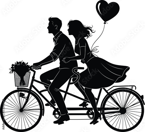 Silhouette of a Couple Riding a Tandem Bicycle with a Heart Balloon couple, tandem, happiness, shared, riding, woman, retro, experience, recreation, cycling, balloon, graphic, tandem, design, joy, lif