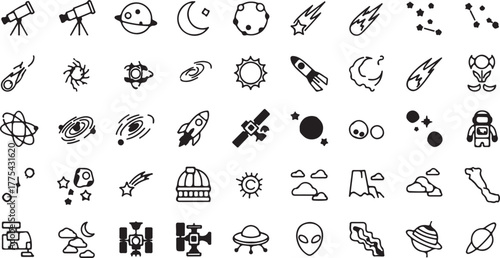 Celestial, Space Exploration, and Science Icon Set: Planets, Rockets, Astronauts, and Observatory Line Vector Graphics. eps