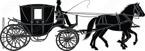 Silhouette of a horse-drawn carriage with a driver and passenger, carriage, horse, horse-drawn, transportation, vintage, retro, antique, vehicle, transport, travel, historical, old-fashioned, coach, b