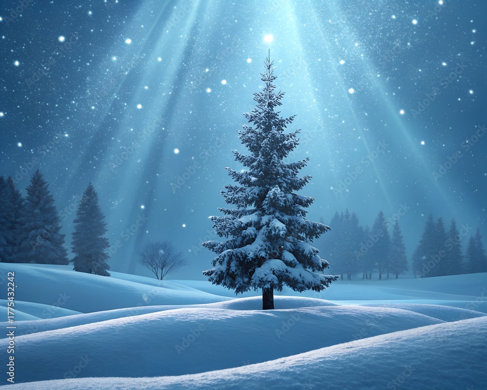 Fototapeta premium snow covered evergreen tree winter landscape illustration 