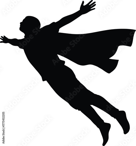 Silhouette of a person flying with a cape superhero, silhouette, person, flying, cape, superhero, freedom, power, movement, action, dynamic, soaring, jumping, leaping, human, male, female, child, adul