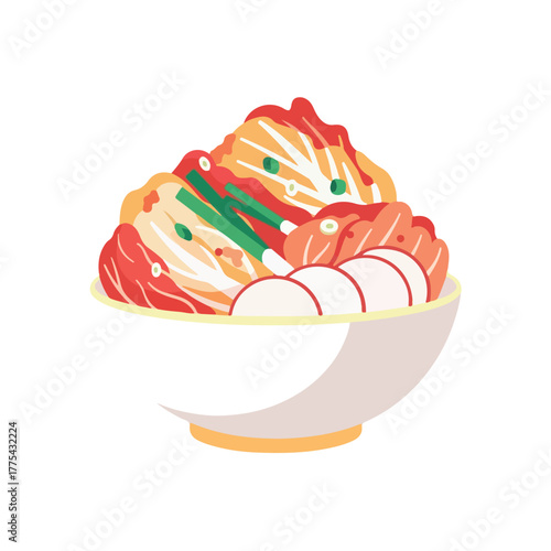A Delicious Bowl of Fermented Cabbage Food, Fresh Radish Slices, and Green Onions, a Staple of Korean Cuisine and a Healthy Gut Food