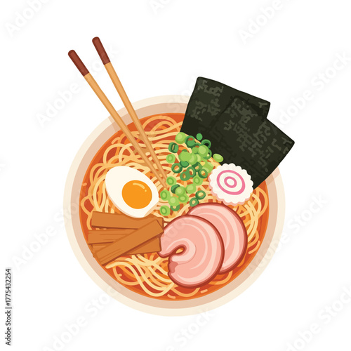 Delicious bowl of authentic Japanese ramen, a flavorful and appetizing food dish with noodles, egg, pork, and seaweed, perfect for a satisfying meal