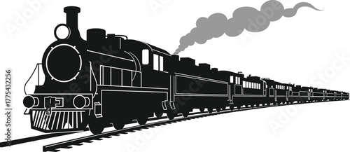 Silhouette of a steam train with smoke billowing from the chimney, train, steam train, locomotive, engine, railway, railroad, transportation, vintage, retro, antique, vehicle, transport, travel, histo