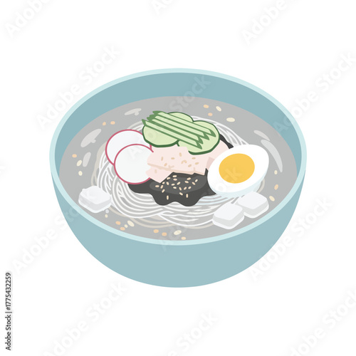 A visually appealing illustration of a delicious bowl of traditional Korean cold noodle food, expertly prepared with fresh ingredients and ready to be savored