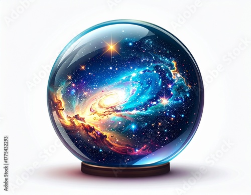 Crystal ball reflecting a vibrant galaxy, showcasing swirling nebulas and stars, symbolizing imagination and cosmic wonder