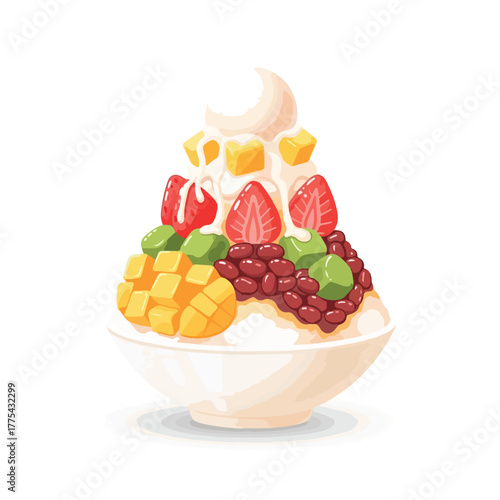 A delightful and refreshing dessert food, featuring shaved ice piled high and topped with sweet red beans, fresh mango, juicy strawberries, and creamy milk, perfect for a summer treat
