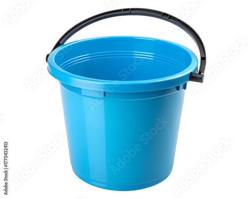 blue plastic bucket with black handle on white background  