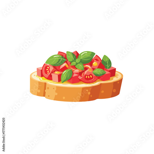 Delicious Bruschetta food illustration featuring toasted bread topped with fresh tomatoes, basil, and olive oil, perfect for culinary themes and restaurant menus