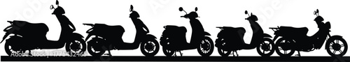 Silhouette of multiple scooters lined up on white background, scooter, moped, motorbike, vehicle, transportation, transport, silhouette, black, white, isolated, line, row, group, multiple, modern, urb