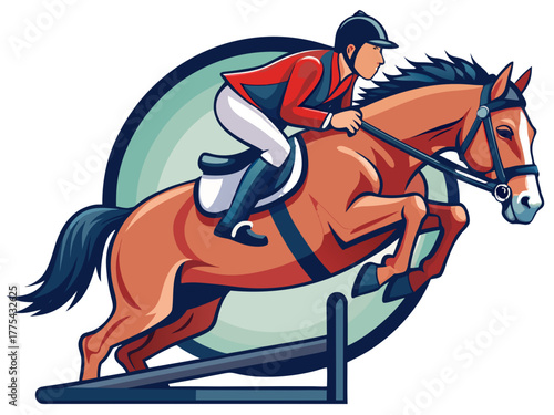 Vector illustration of a show jumping featuring a dynamic horse and jockey mid-jump, isolated on white background