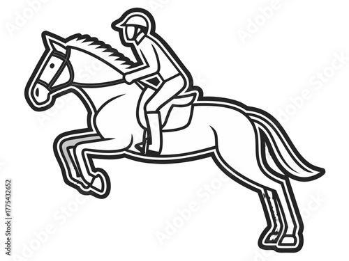 Vector illustration of a show jumping featuring a dynamic black and white outline of a horse and jockey mid-jump, isolated on white background