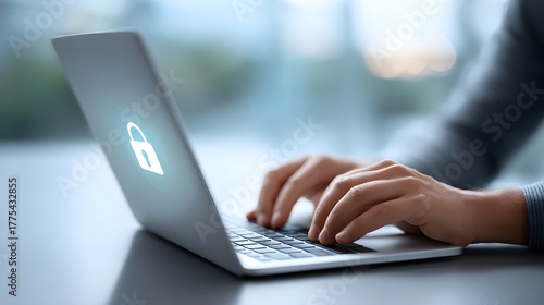 Close up view of hands actively using a laptop keyboard featuring a luminous security lock symbol on the screen signifying online safety and data confidentiality