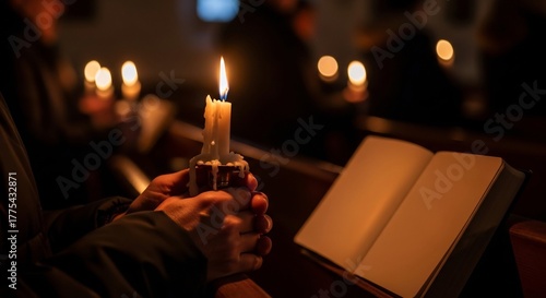 Lit candle held in hand beside open book in church pew Light in dark
