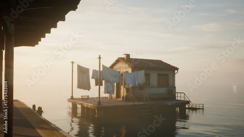  rooftop clothesline gently floating on still water