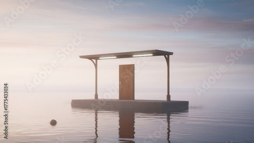 wooden door standing alone in still water
