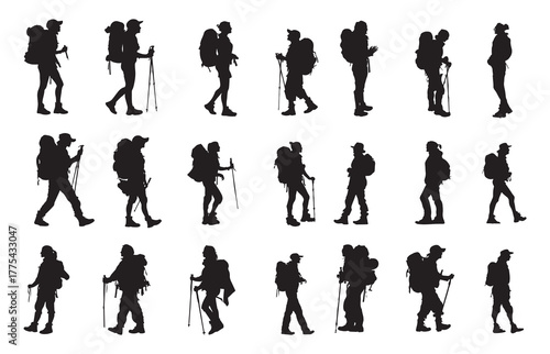 Silhouette of senior women, outdoor travel. Senior female friends hiking together.
