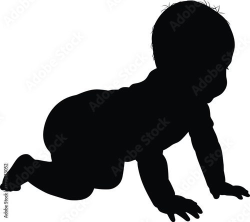 Baby crawling silhouette, infant development stage, early childhood growth, black vector illustration, parenting concept, toddler movement, isolated graphic, educational design