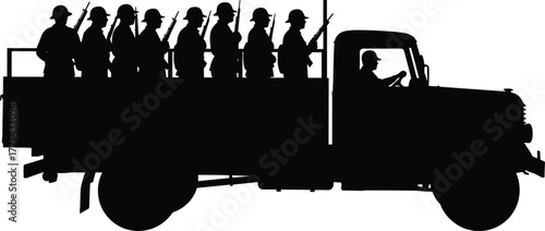 Soldiers in a truck silhouette on white background soldiers, truck, military, transportation, back, profile, men, white, wartime, rifle, design, duty, service, historical, armed, helmet, silhouette, j