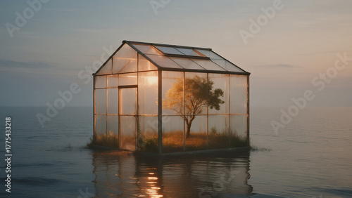 transparent greenhouse cube floating on calm ocean