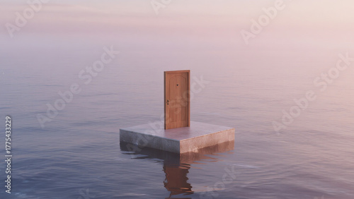 wooden door standing alone in still water