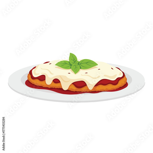 Delicious Italian Parmigiana food illustration, a savory dish with breaded meat, rich tomato sauce, and melted cheese, garnished with fresh basil, perfect for culinary art and food blogs