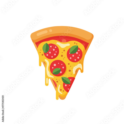 Delicious slice of pepperoni pizza food dripping with melted cheese and fresh basil leaves, a classic Italian fast food treat for any occasion