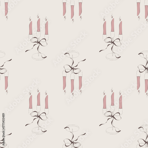 Coquette Candle Candelabra Seamless Pattern with Pink Taper Candles and Bow – Vintage Party Aesthetic