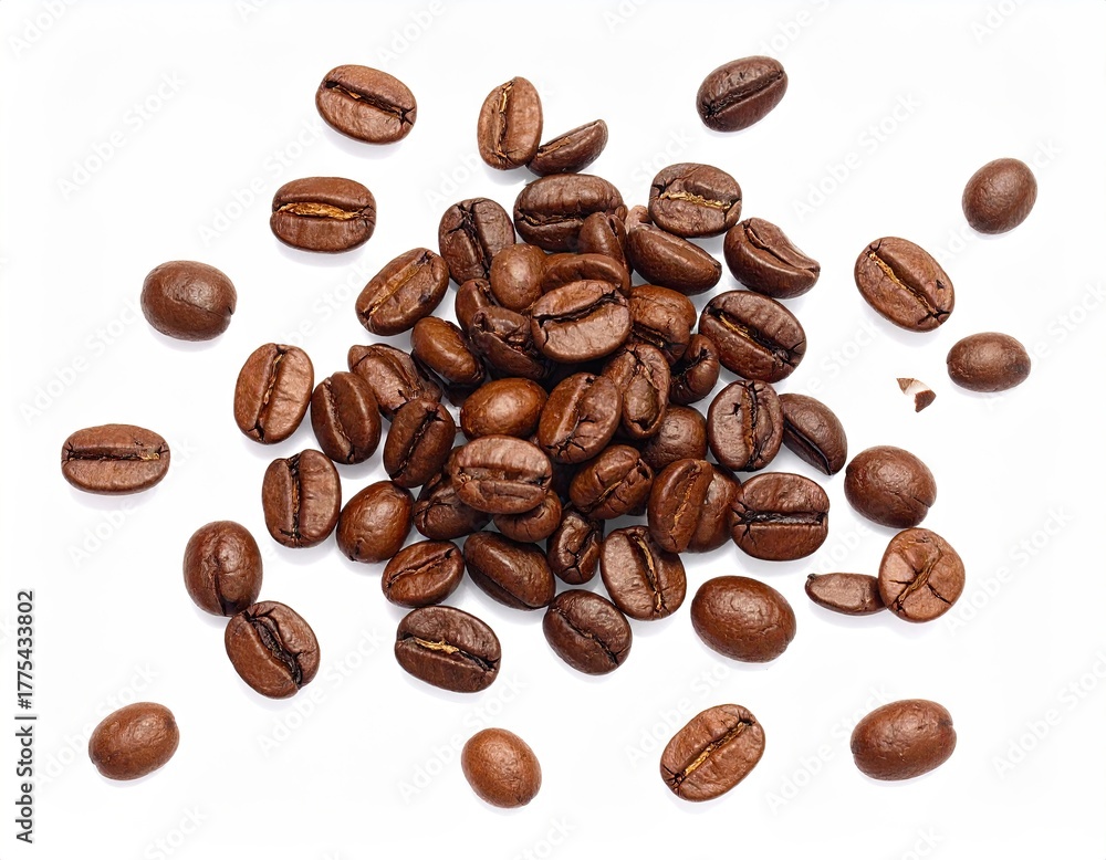 Obraz premium Roasted Coffee Beans Scattered on White Background