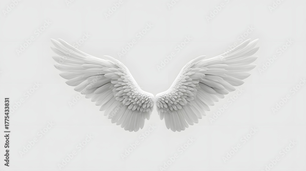 Fototapeta premium Beautifully rendered white angel wings showcasing intricate feather details and a soft ethereal glow are isolated on a clean bright white background for a symbolic and graceful representation