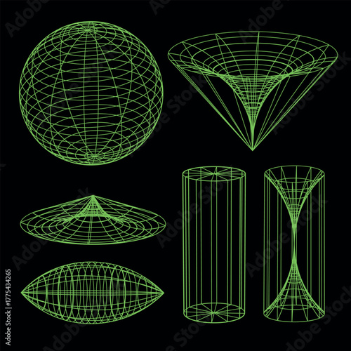 A set of dynamic geometric elements in the form of a 3D digital technological grid, vector. Illustration of a sphere, cylinder, and other three-dimensional luminous figures on a black background.