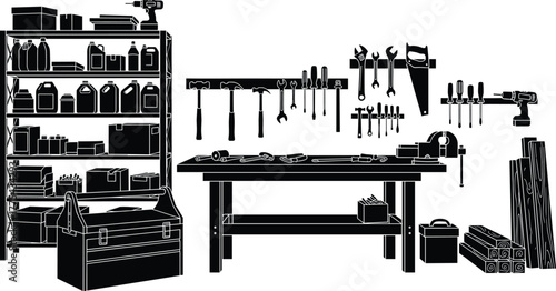 Workshop bench with tools and storage workshop, tools, workbench, storage, shelf, rack, black, tools, workshop, life, storage, saw, toolbox, hammer, lumber, design, domestic, industrial, construction,