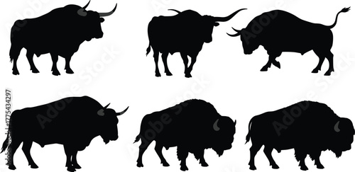 Bison silhouette set, six buffalo poses, horn variations, dynamic stances, stocky figures, tail positions, wildlife vector icons, anatomy study, nature motifs