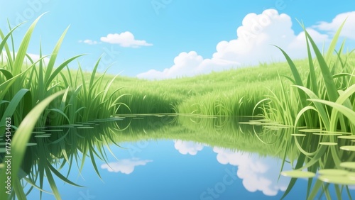 Wallpaper Mural Serene cartoon landscape of a tranquil pond reflecting the blue sky in a lush green meadow Torontodigital.ca