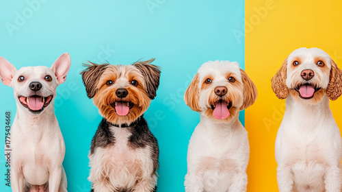 Adorable lineup of four diverse dog breeds with cheerful expressions and pink tongues against vibrant split-color teal and sunny yellow background.