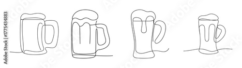 Collection of beer mugs and glasses in artistic outline style