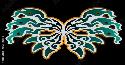 Abstract turquoise and gold gradient ornament with symmetrical pattern on black background, modern luxury style.