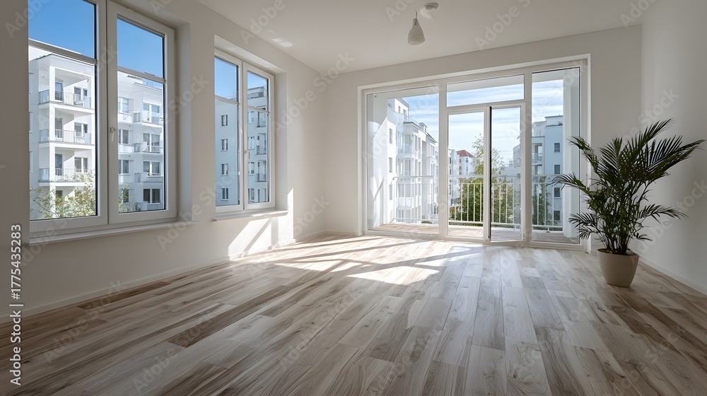 Obraz premium Newly renovated, empty apartment room with pristine white walls and light wood flooring. Sunlight streams through large windows, creating an open feel.