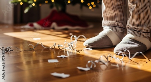 Slippers  pajamas stand amid a postholiday mess of ribbons and paper scraps near a Christmas tree