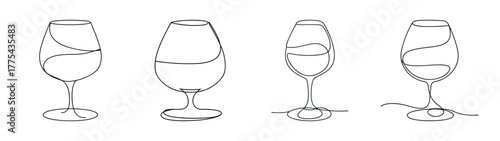 Four brandy snifter glasses detailed sketches for beverage presentation