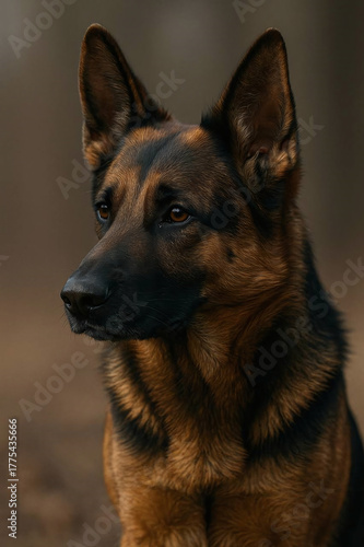 Realistic portrait of a serious German Shepherd dog. Strong, noble and focused expression perfect for pet-themed designs and professional projects