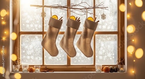 Three Christmas stockings hang on a window with decorations and lights