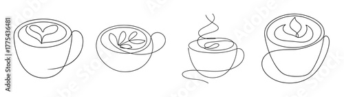 Four stylized coffee cups with cream artistry and foam details