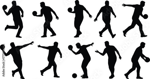 Handball player silhouette vector set, athlete throwing and catching ball in action poses, sports training, competition, teamwork, and dynamic motion illustration