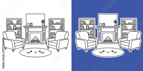 Cozy living room interior illustration isolated on white background featuring armchairs, fireplace, bookshelves, and a cute rug, creating a warm and inviting space