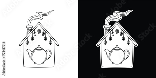 Cozy tea house with a teapot inside and smoke from the chimney isolated on white background hand drawn vector illustration in doodle style