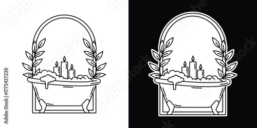 Elegant bathtub with candles and leafy frame, a serene and luxurious spa illustration isolated on white background, perfect for relaxation themes