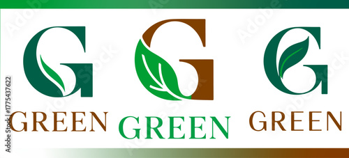 Eco letter G leaf logo set in green and brown, natural organic monogram collection with foliage and gradient accents; sustainable branding vector design